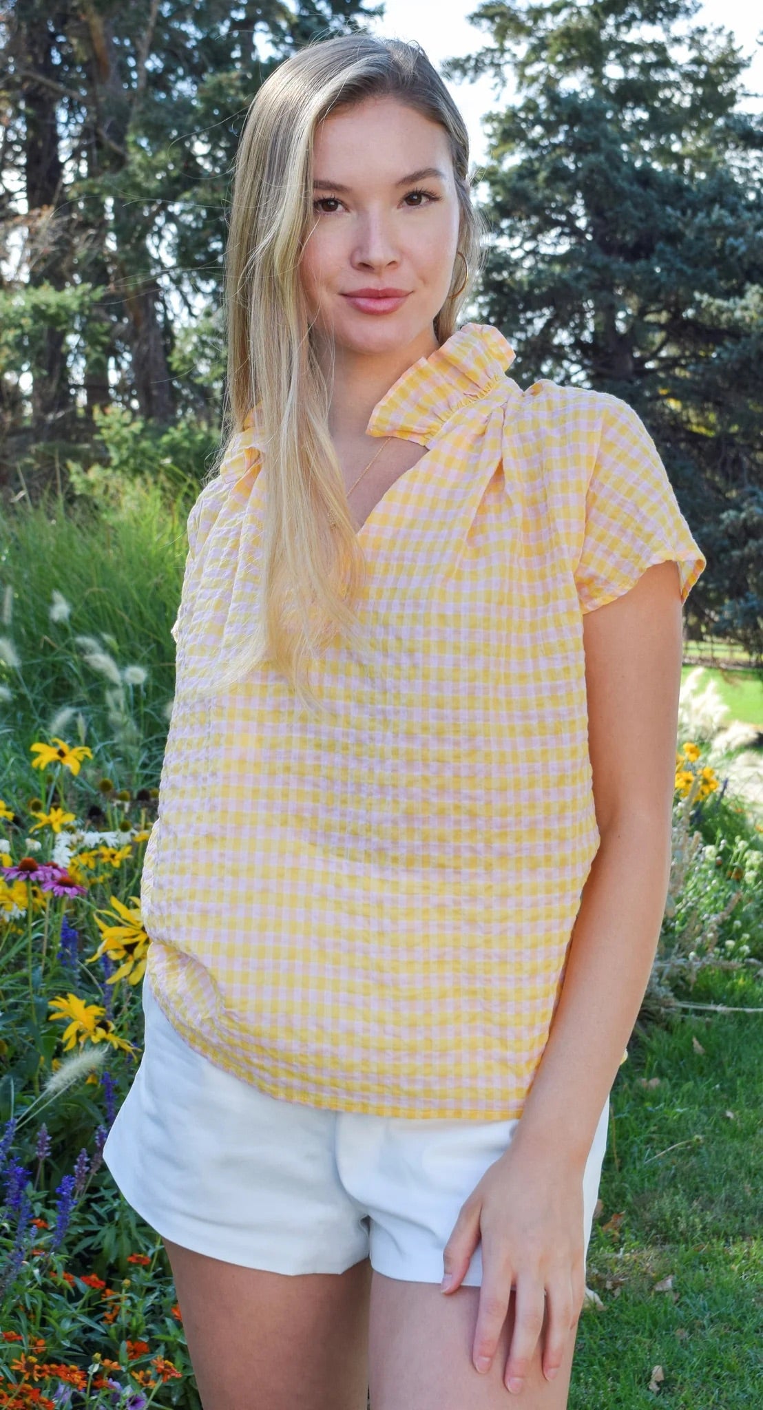 Never A Wallflower Vicki Short Sleeve Top in Yellow & Pink Check