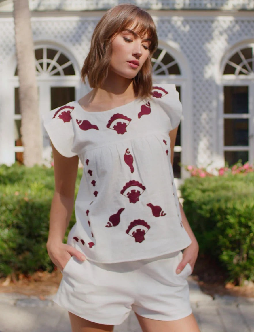 Never A Wallflower Embroidered Top in Seashell Embroidery