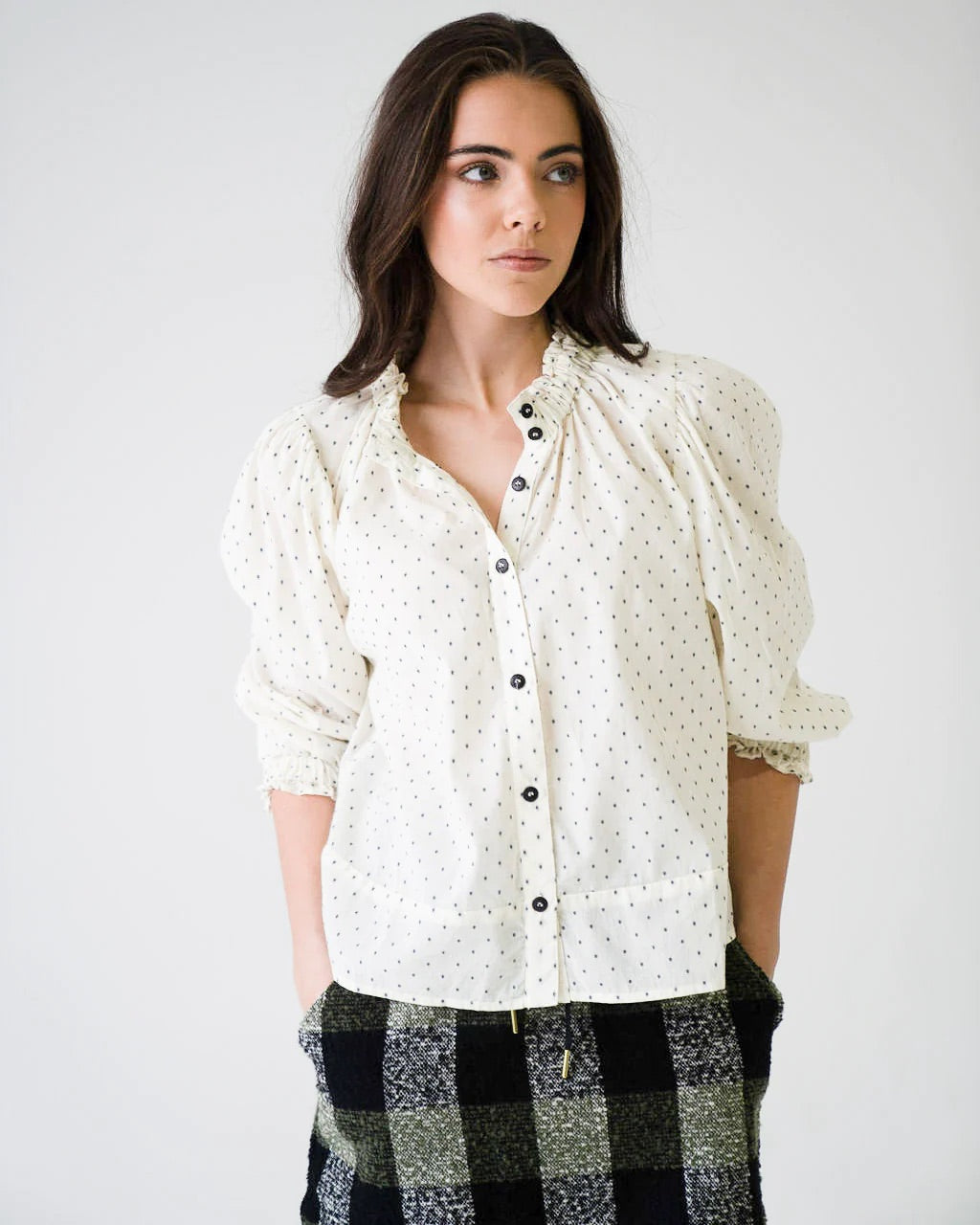 Never A Wallflower Elastic Collar Top in White with Black Swiss Dot