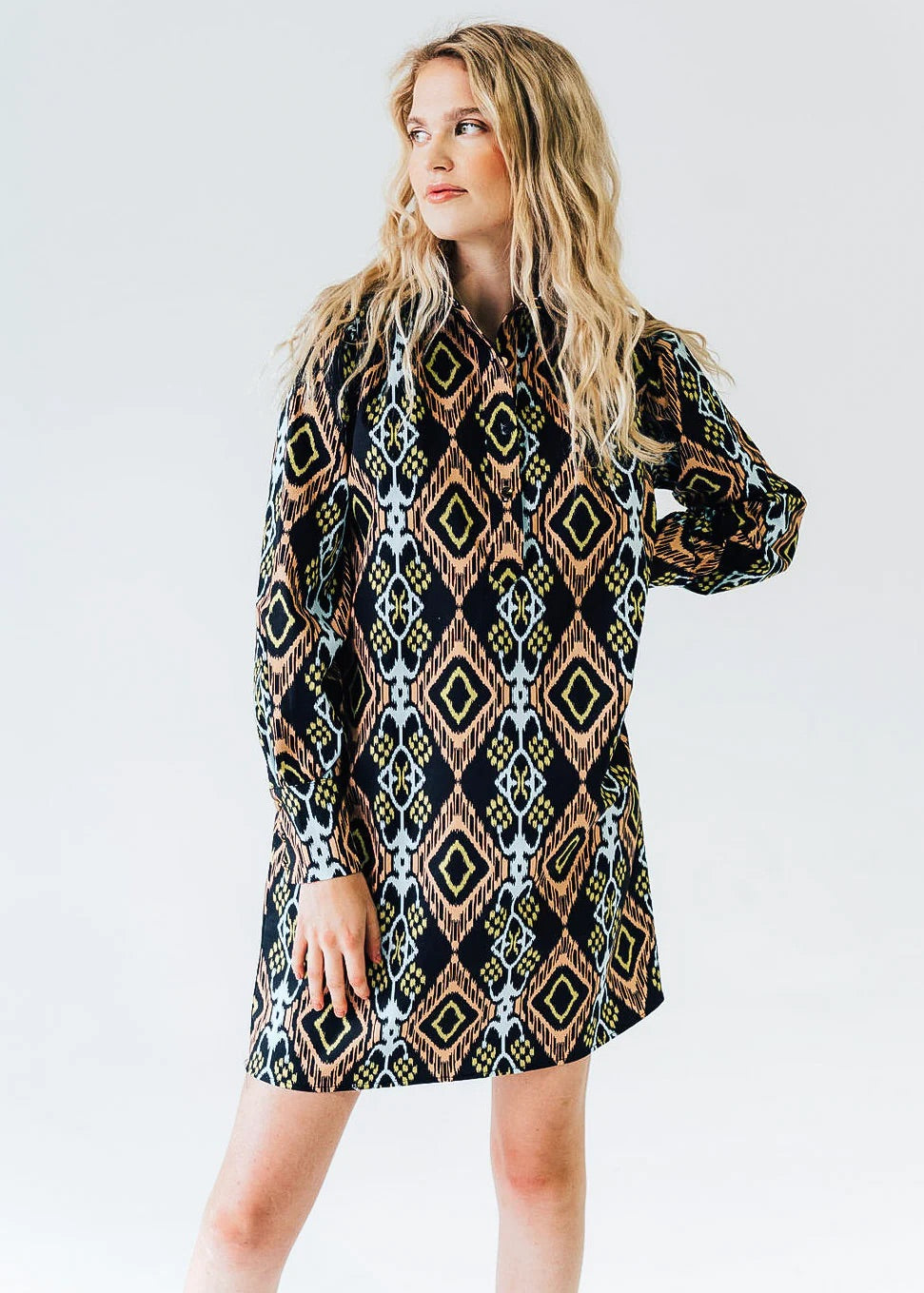Never A Wallflower Everything L/S Dress in Ikat Cotton Spandex
