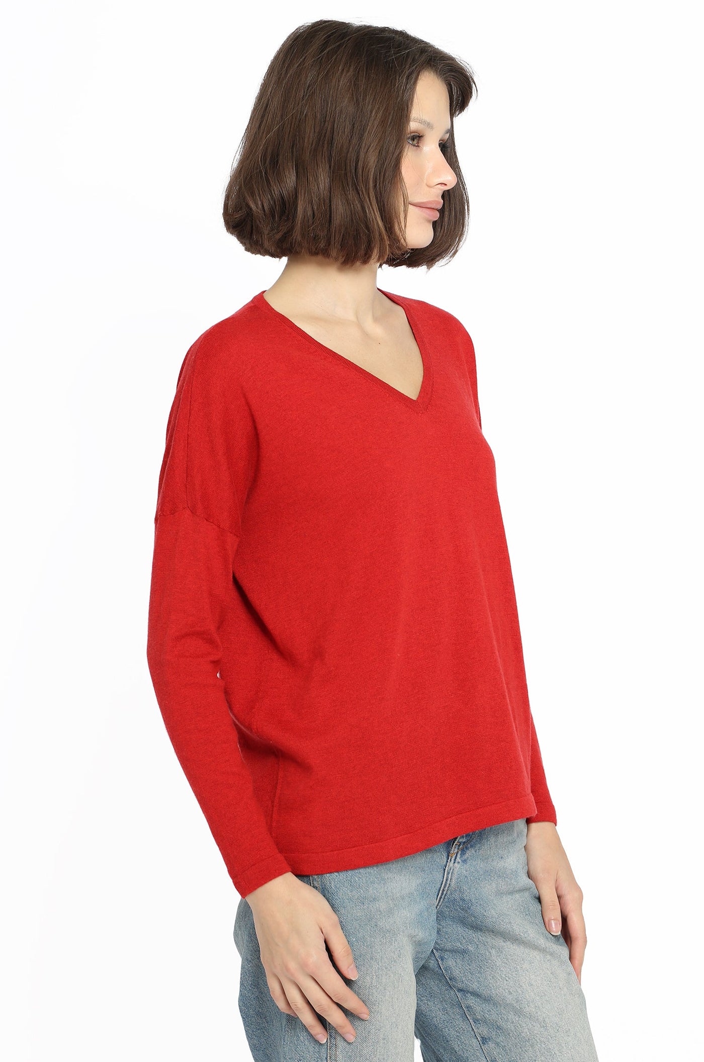 Minnie Rose Cotton Cashmere Neck Pullover in Heather Red