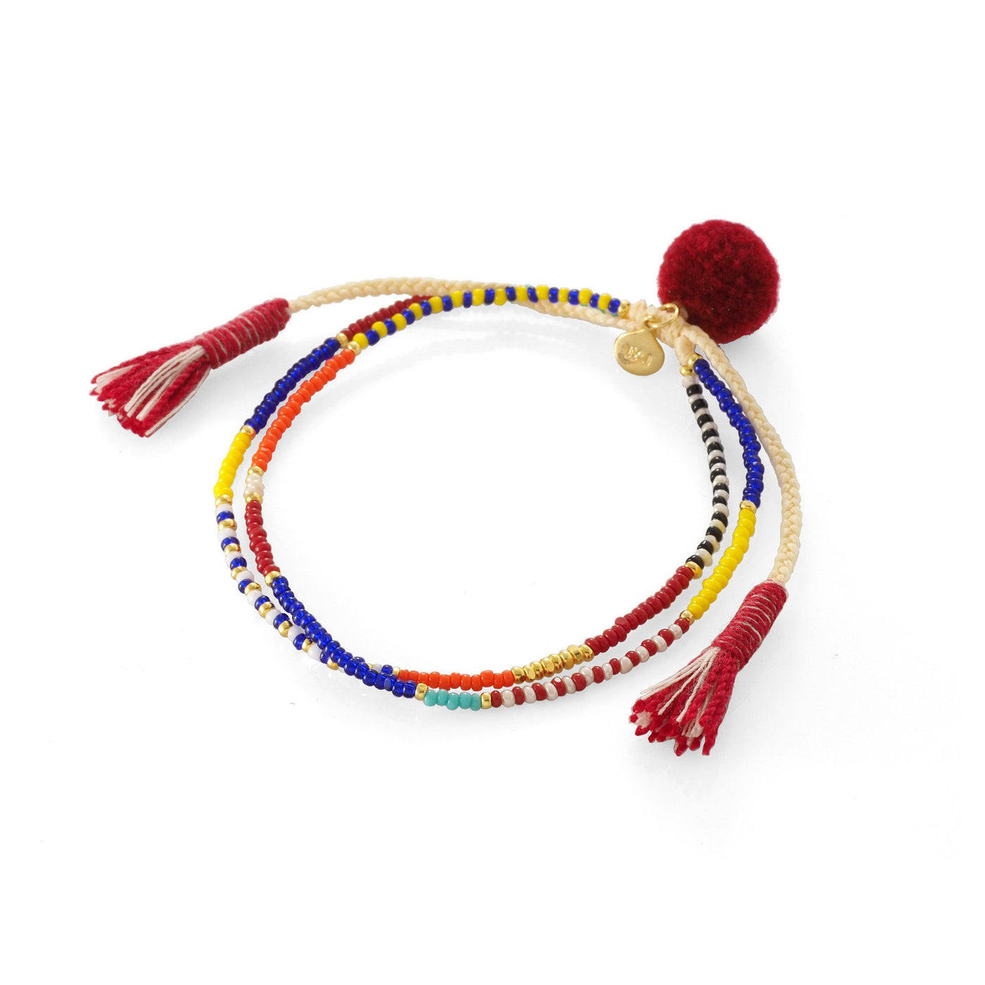 TAI Handmade Tropical Mix Pom Pom Dbl Strand Bracelet in Red